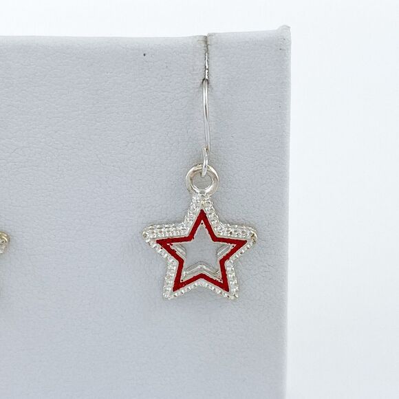 Silver Tone Red Framed Star Dangle Fishhook Earrings - Picture 5 of 9